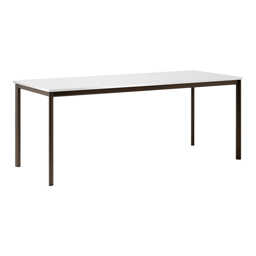 Modern rectangular table with a sleek white top and contrasting brown metal legs, perfect for contemporary spaces.