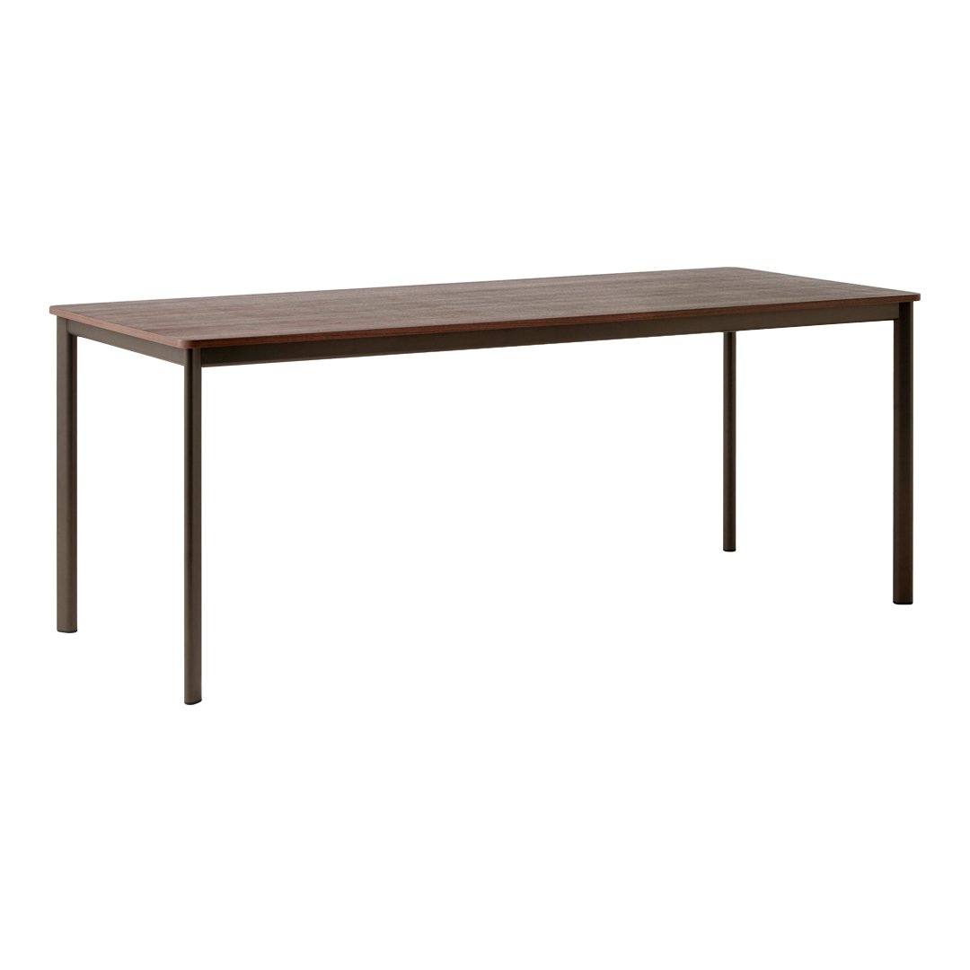 Brown wood tabletop with a smooth finish and sleek black metal legs, blending modern and minimalistic design.