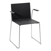Black chair with sleek, minimalist design, featuring a smooth seat and backrest, complemented by chrome legs.