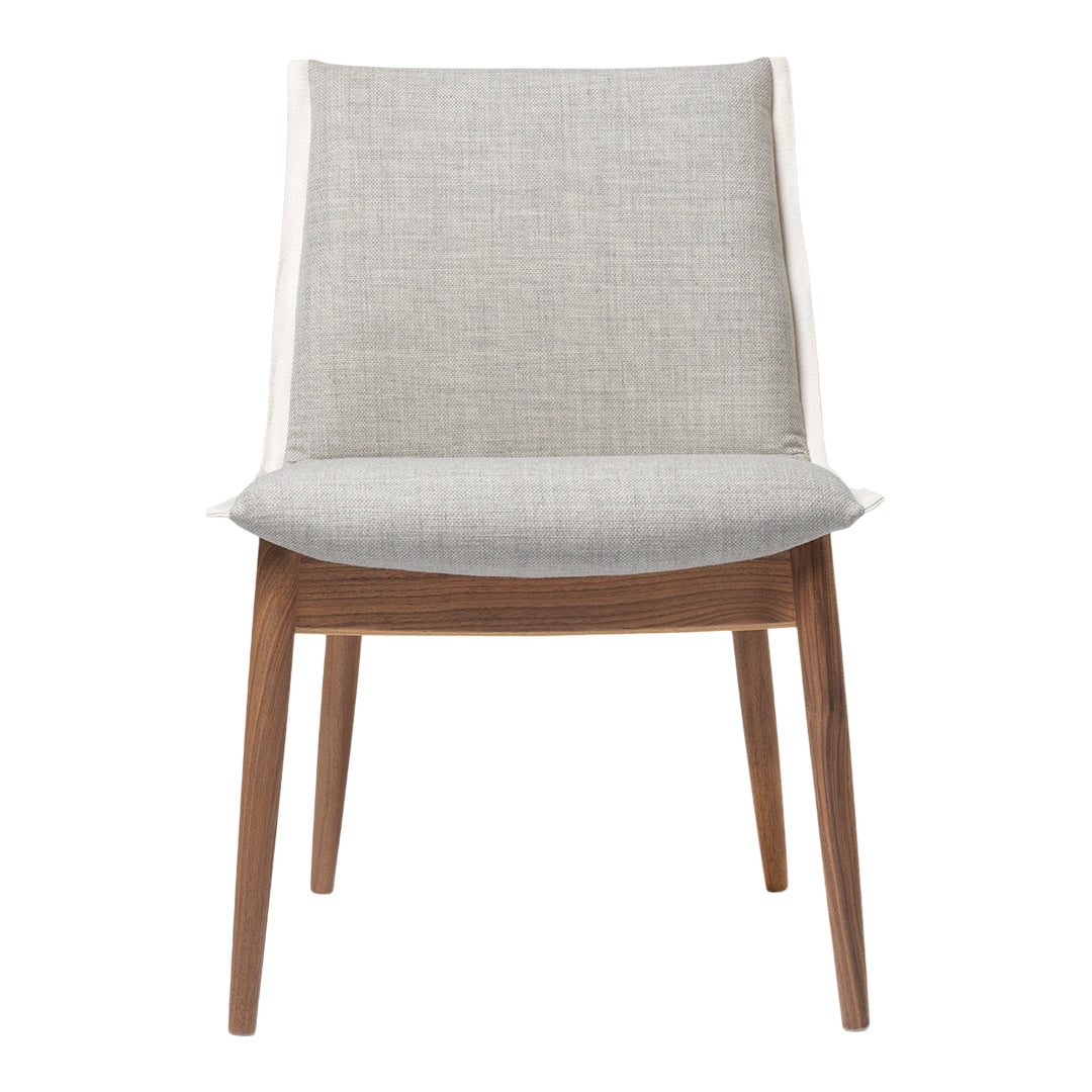 Modern chair featuring a light gray fabric seat and back, contrasted by warm wooden legs and a minimalist design.