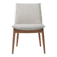 Modern chair featuring a light gray fabric seat and back, contrasted by warm wooden legs and a minimalist design.
