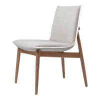 Light gray fabric chair with a sleek, modern design and natural wood legs, ideal for contemporary decor.