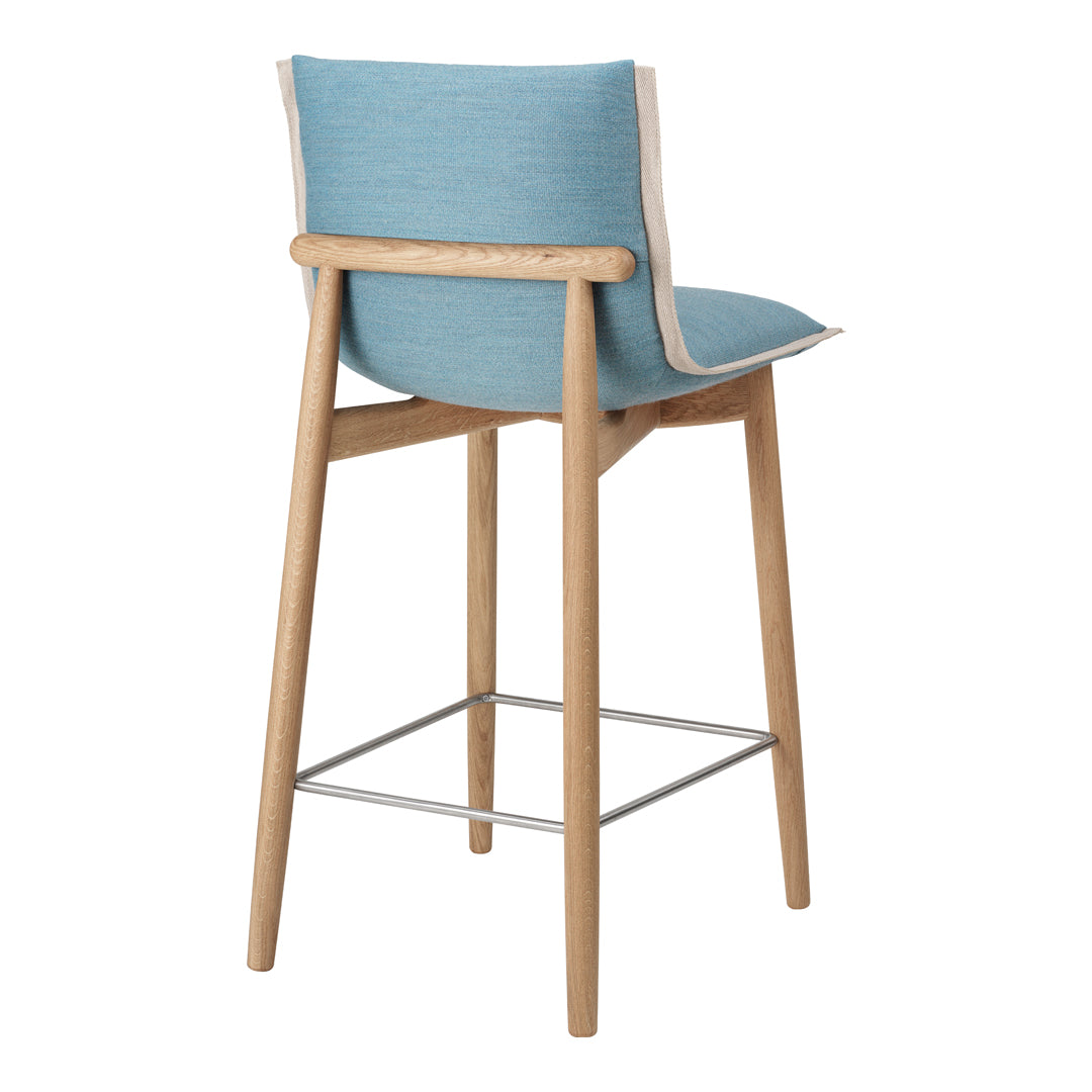 Blue fabric bar stool with natural wood legs and a contrast white piping detail. Modern and stylish design.