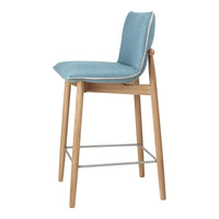 Light blue upholstered bar stool with natural wood legs and subtle white trim design. Modern and stylish seating option.