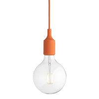 Orange pendant light with a clear bulb, featuring a minimalist design to enhance modern decor.