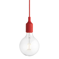 Red pendant light with a clear glass bulb, featuring a smooth, minimalist design. Bright and modern accent for any space.