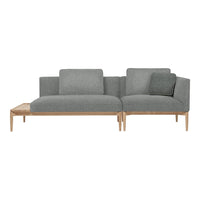 Gray sectional sofa with textured upholstery and a light wooden frame, featuring clean lines and minimalistic design.