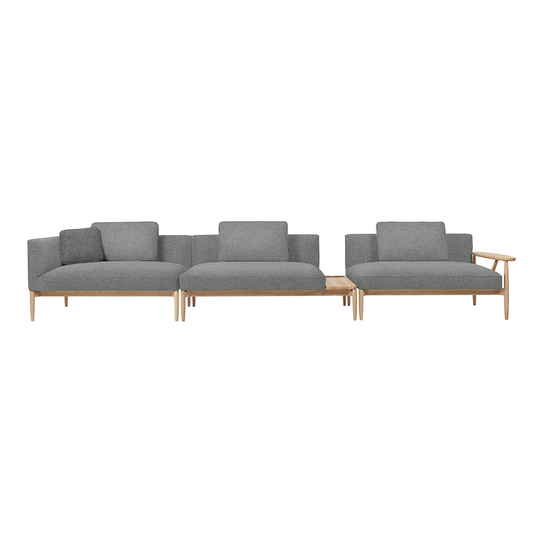 Gray upholstered sofa set with clean lines and natural wood accents, creating a modern and minimalist look.