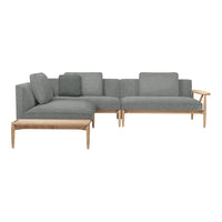 Gray fabric sectional sofa with wooden frame and minimalist design, featuring clean lines and subtle textures.