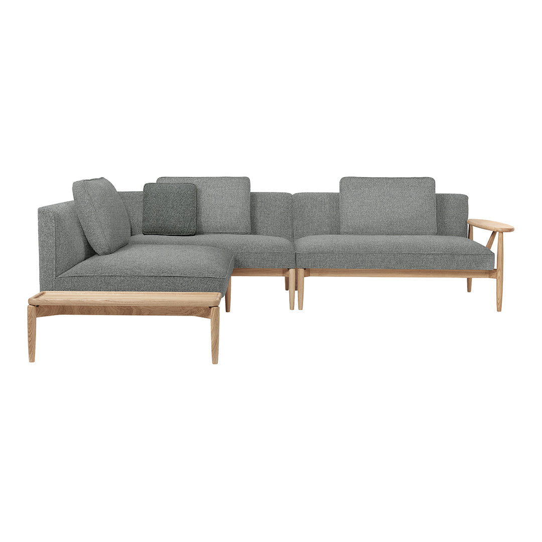 Modern gray sectional sofa with textured fabric and light wooden legs, featuring clean lines and minimalist design.