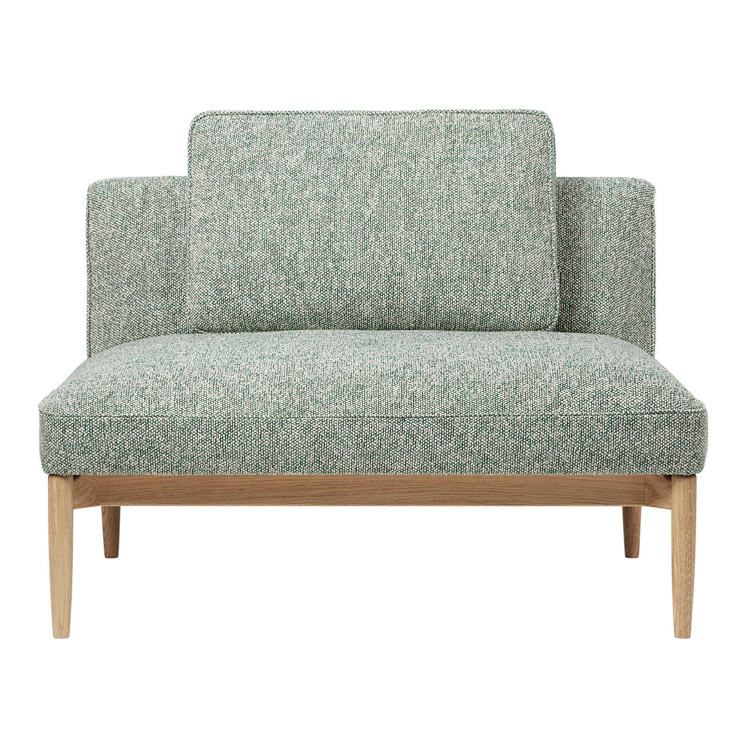 Light green textured fabric loveseat with minimalist design and natural wood legs. Perfect for modern decor.