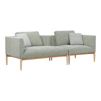 Light green textured upholstery with contrasting gray cushions and natural wood legs. Modern and stylish design.