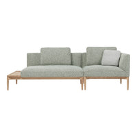 Light gray textured fabric sofa with natural wood legs, featuring a simple modern design and a single accent cushion.