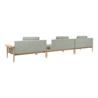 Light gray upholstered sofa with subtle textured pattern on a natural wood frame. Modern and minimalist design.