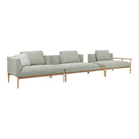 Light green fabric sofa with a subtle textured pattern, featuring wooden legs and a minimalist design.