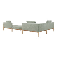 Light green fabric sofa with a subtle textured pattern and wooden legs, perfect for modern living spaces.