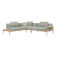 Light green textured fabric sectional sofa with wooden legs, featuring a minimalist design. Perfect for modern interiors.