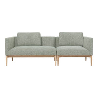 Light green textured fabric sofa with modern design and natural wood legs, adding a stylish touch to any space.