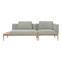 Light green textured fabric sofa with wooden legs and minimalistic design, ideal for modern interiors.