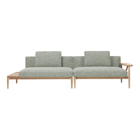 Light green textured upholstery sofa with natural wooden legs and minimalistic design. Ideal for modern living spaces.