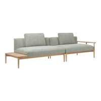 Green patterned fabric sofa with light wooden frame, featuring clean lines and modern design. Perfect for contemporary spaces.