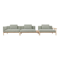 Modern three-piece sofa set in soft gray upholstery with a subtle textured pattern and light wood accents.