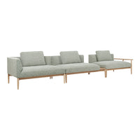Light green fabric sectional sofa with a subtle texture and wooden legs, perfect for modern living spaces.