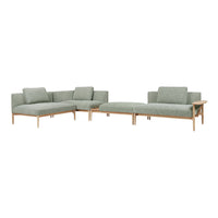 Green textured upholstery with clean lines, featuring wooden legs for a modern, minimalist aesthetic.