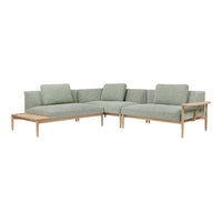  Light green fabric sectional sofa with a minimalist design and wooden frame, perfect for modern interiors.