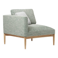 Light green textured upholstery with a contrasting white accent pillow, featuring sleek wooden legs.