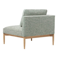 Light green textured fabric armchair with wood legs, featuring a subtle pattern for a modern, elegant look.