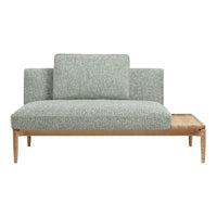 Light green textured upholstery with a natural wood base, featuring a modern minimalist design.