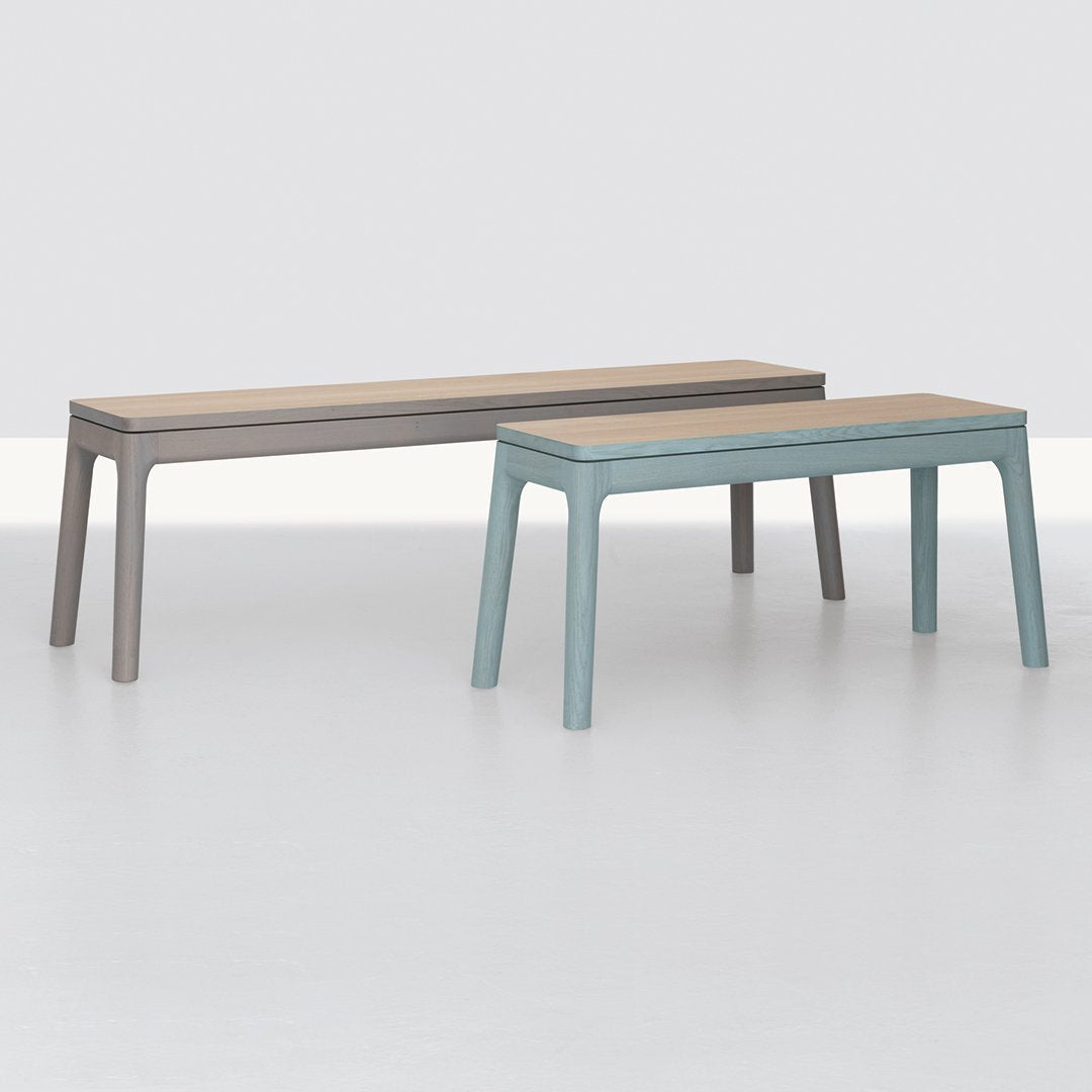 Two modern benches featuring a natural wood top with a light gray and soft blue frame, showcasing minimalist design.