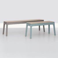 Two modern benches featuring a natural wood top with a light gray and soft blue frame, showcasing minimalist design.