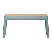Light blue bench with a natural wood tabletop, featuring a sleek, modern design. Ideal for indoor or outdoor use.