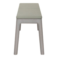 Light gray bench with a soft green cushion, featuring a simple, modern design and clean lines.