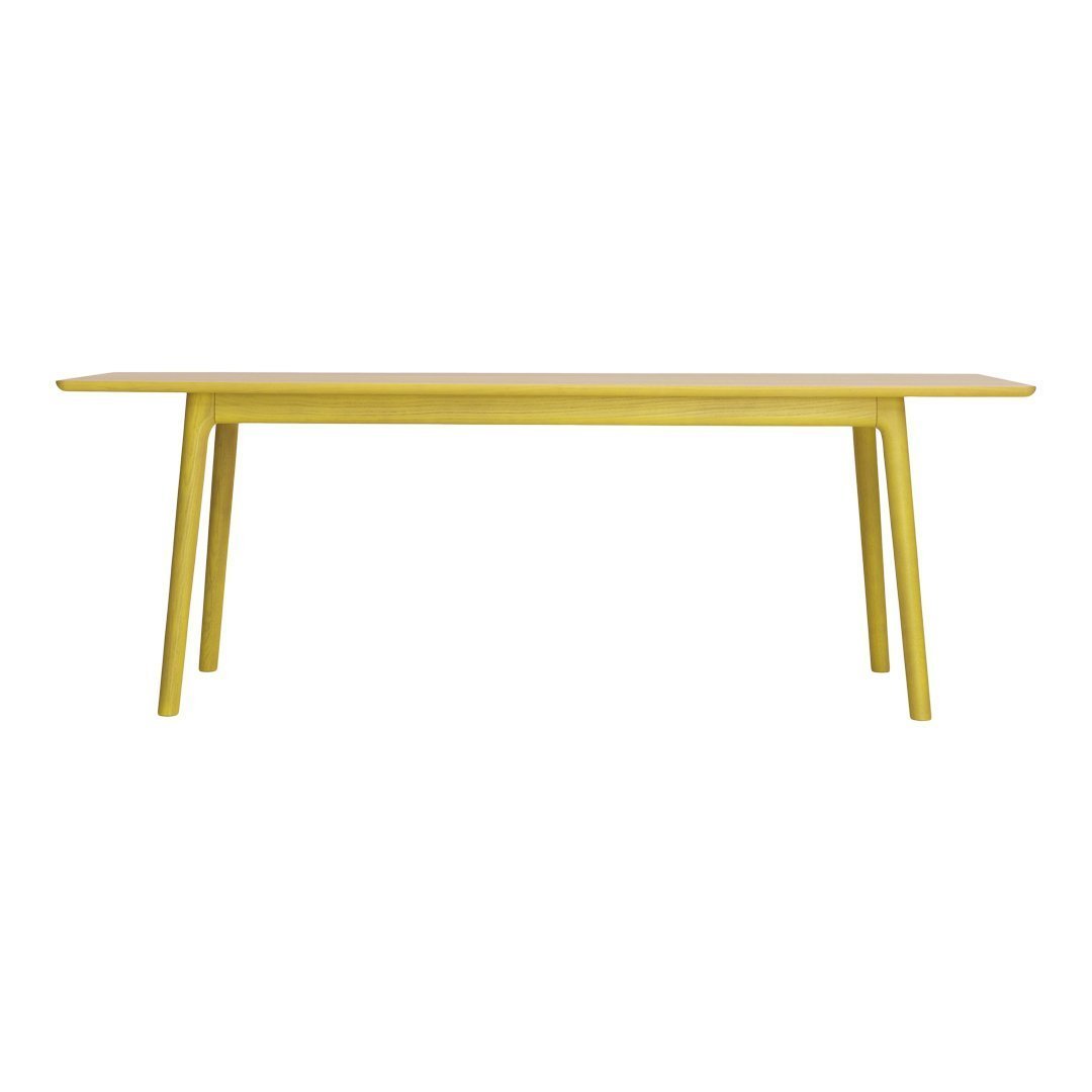 Bright yellow dining table with a sleek, modern design and clean lines. Perfect for adding a pop of color.