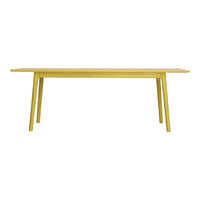 Bright yellow dining table with a sleek, modern design and clean lines. Perfect for adding a pop of color.