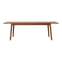 Rectangular wooden dining table in rich brown with a smooth finish and natural grain pattern.