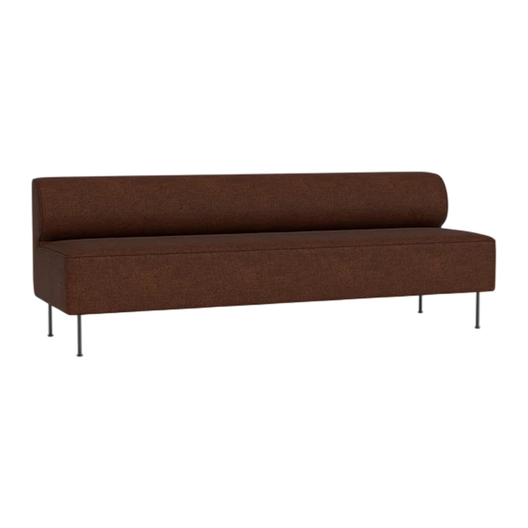 Brown fabric sofa with a smooth texture and minimalist design, featuring sleek metal legs.