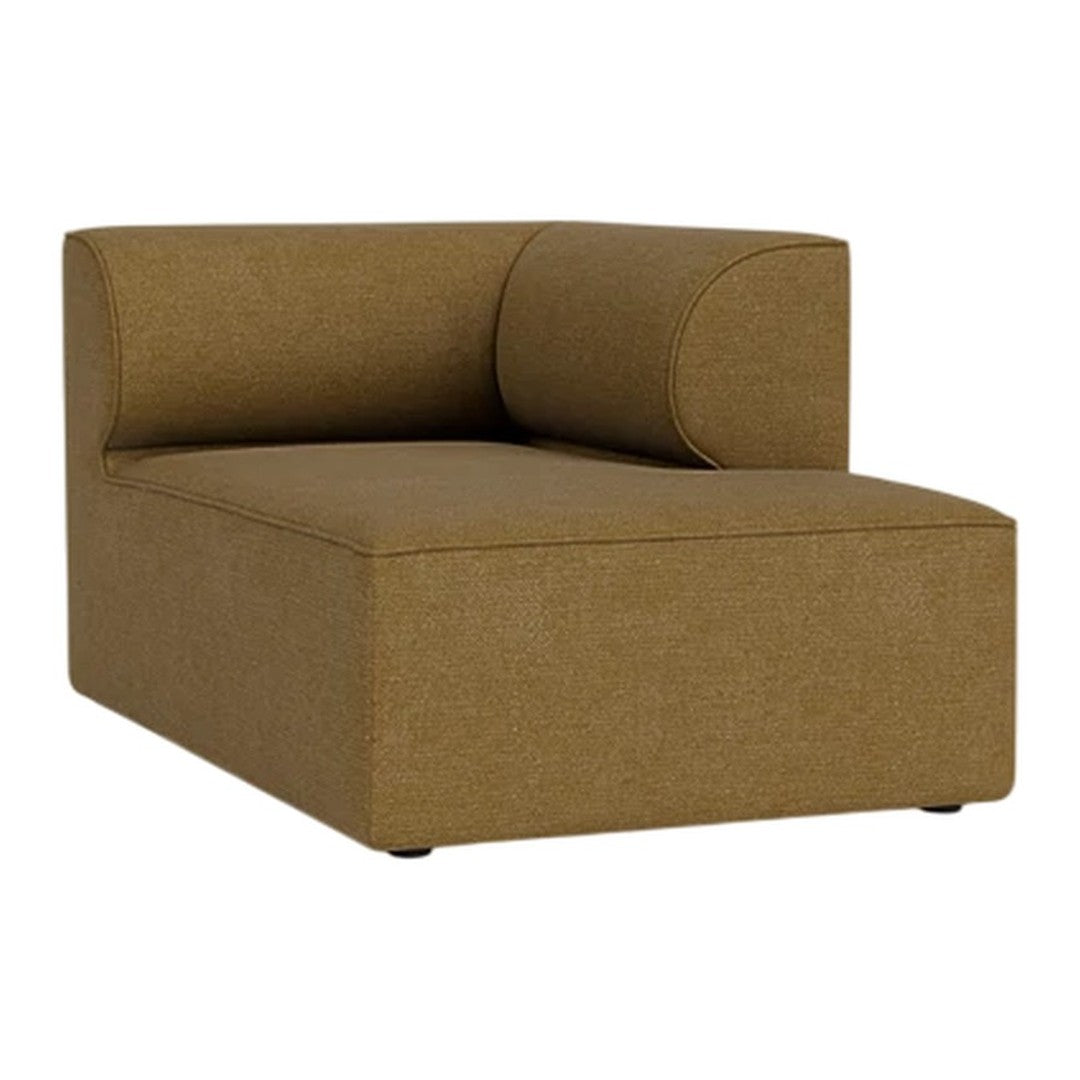 Brown upholstered lounge chair with a textured fabric and minimalist design, featuring a smooth curve on the armrest.