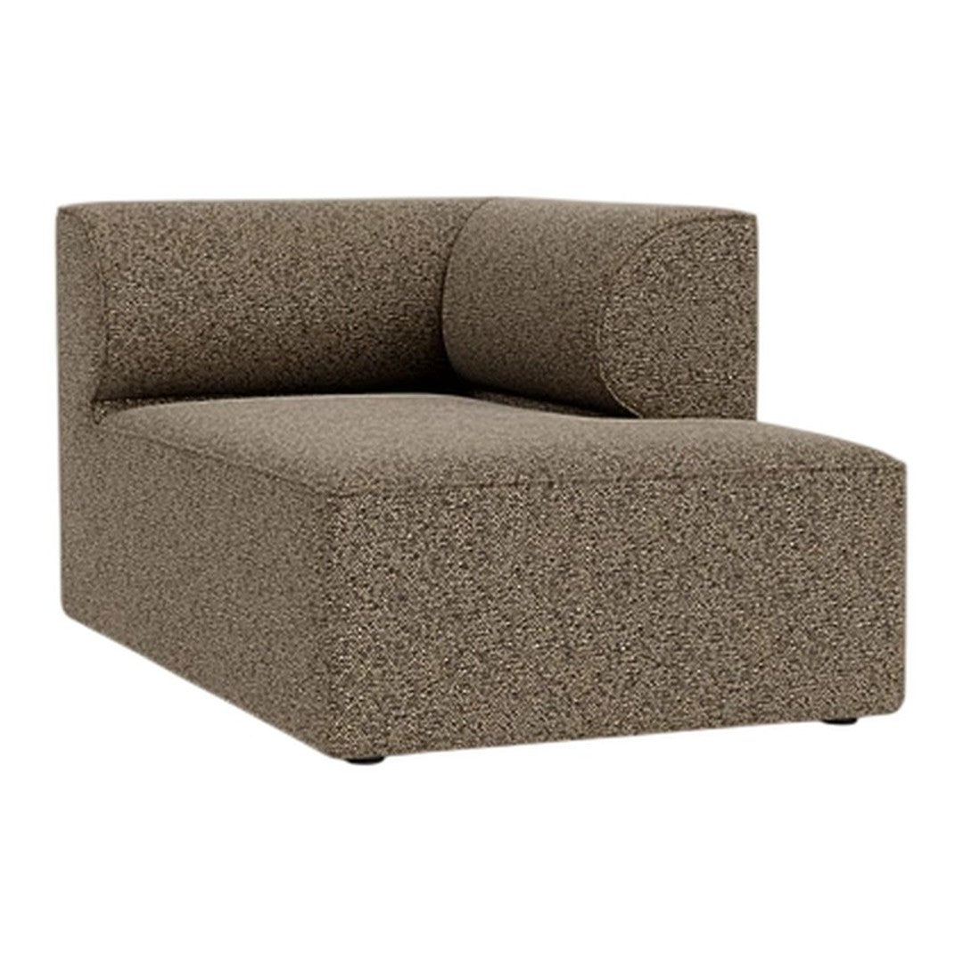 Brown speckled fabric chaise lounge with a rounded armrest and modern design. Ideal for contemporary decor.