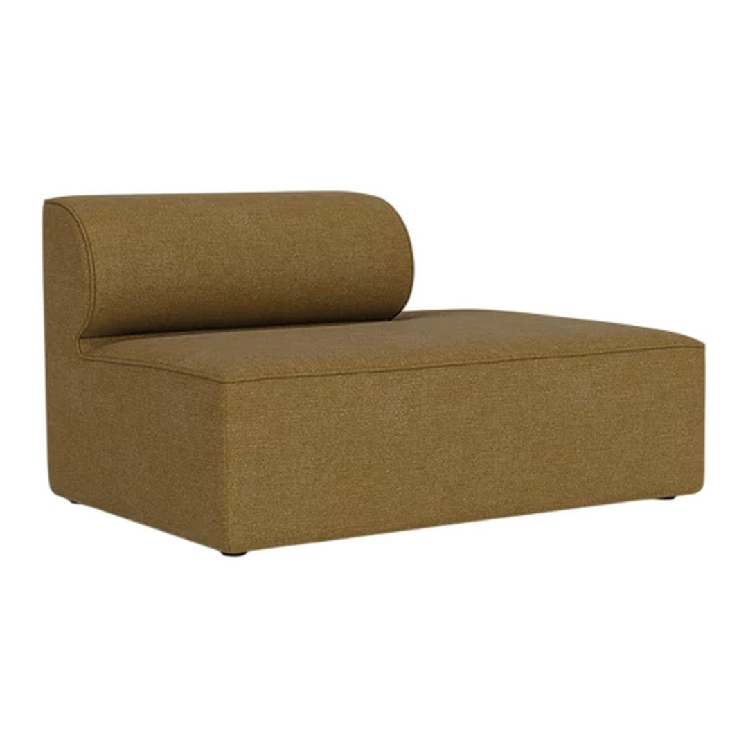 Brown upholstered chaise lounge with a smooth, minimalist design and rounded back cushion.