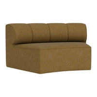 Brown textured upholstered curved bench with three-button tufting. Modern and minimalist design for stylish interiors.