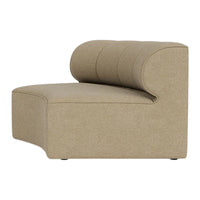 Beige curved upholstered chair with a smooth finish and subtle vertical stitching patterns.