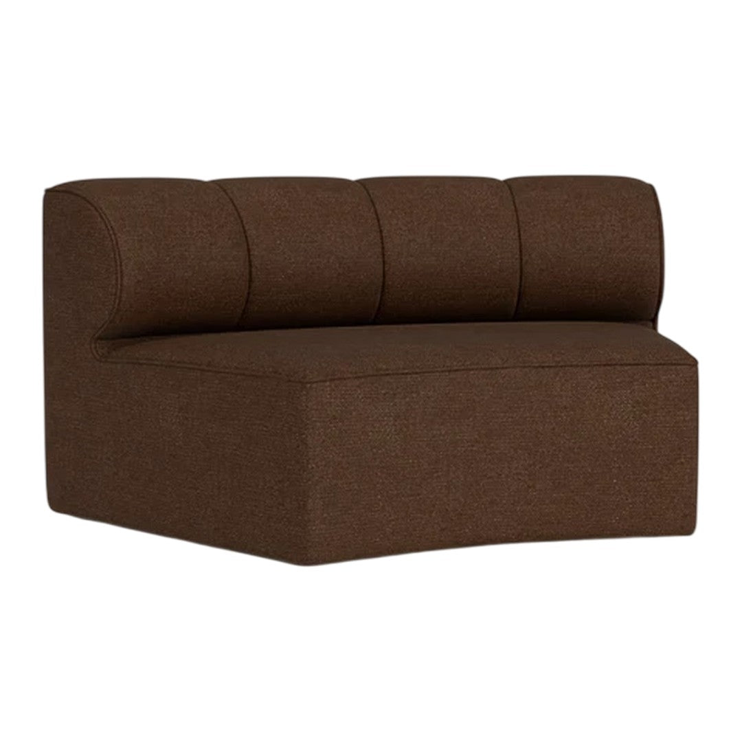 Brown upholstered accent chair with a smooth, curved silhouette and three vertical seams on the backrest.