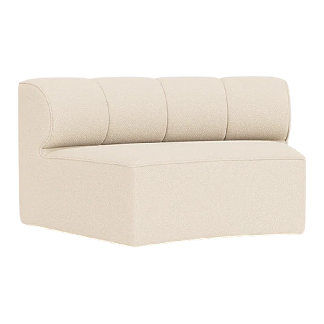 Beige upholstered couch with three curved back cushions and a sleek, minimalist design. Perfect for modern decor.