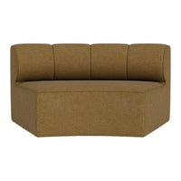 Curved sofa in warm mustard yellow fabric, featuring a smooth, solid pattern with subtle texture.