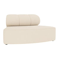 Cream upholstered curved sofa with rounded backrest and minimalistic design. Perfect for modern living spaces.