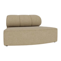 Beige curved sofa with a smooth finish and three rounded back cushions for a modern touch. Ideal for contemporary decor.